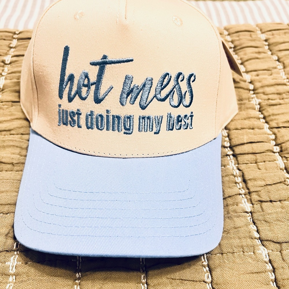 Beige and Blue Cap with Embroidered Text